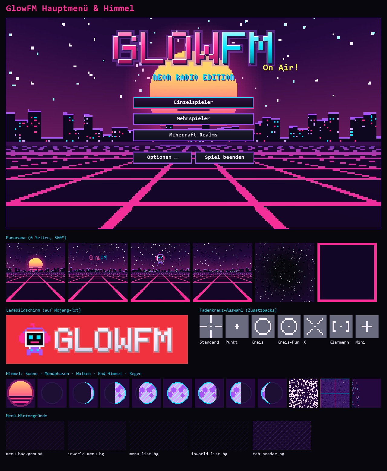 Vorschau: Minecraft-Hauptmenü mit GlowFM-Logo, Neon-Gitterboden, Synthwave-Sonne und Pixel-Skyline